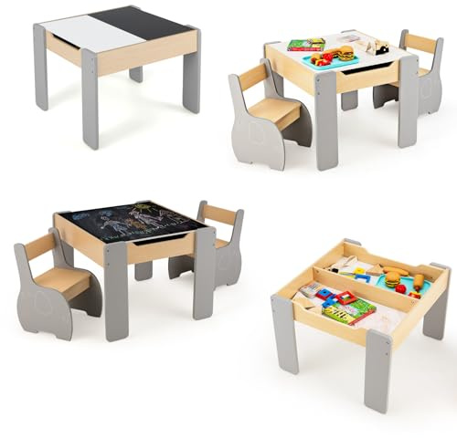 LIFEZEAL Juego de Mesa Infantil con 2 Sillas, Conjunto de Asientos para niños con Almacenamiento Oculto, Muebles Infantiles de Madera con Pizarra Tablero (Gris)
