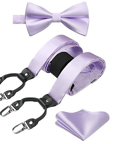 HISDERN Purple Bow Tie & Suspenders for Men Lavender Suspender Bowties Handkerchief Violet Y Shape Braces Pocket Square Set Plum Wedding Party