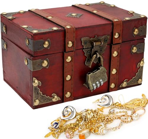AOTOPYU Scrigno del Tesoro in Legno Con Lucchetto Pirati Scatola Portaoggetti Baule Vintage, Scrigno del tesoro in legno vintage, portagioie con coperchio, regalo fatto a mano