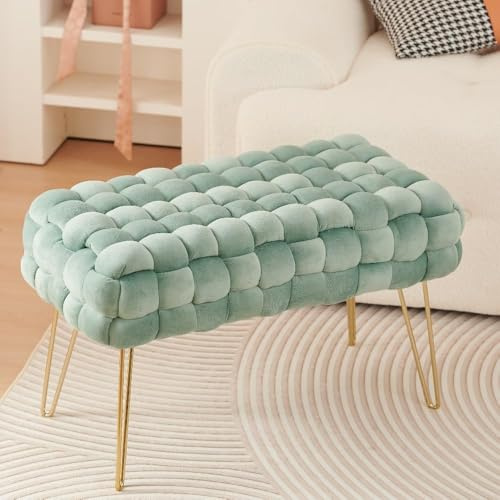 Madera Nieve Banco de cosmética Moderno de Terciopelo, otomano Rectangular con Patas de Metal Dorado, Taburete Acolchado, Asiento de Tejido Terciopelo (Verde Agua, 38P x 70An x 41.5Al cm)