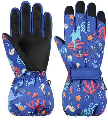 QKURT Kinder-Skihandschuhe, Winddichte Kleinkind-Thermohandschuhe, Winter-Skating-Fäustlinge, Vollfinger-Snowboard-Handschuhe, Kinder-Outdoor-Sporthandschuhe mit Cartoon-Muster für Mädchen und Jungen