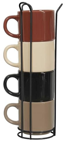 HOME DECO FACTORY - KA0500 Tasse Unie Set de 4 avec Support, Céramique, Design Élégant, pour Café et Thé, Couleurs Neutres, Taille Standard, Beige, Marron, Noir, Blanc