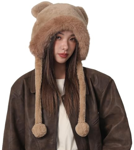2025 Nette Cartoon Bär Ohren Winter Hut Für Frauen Pelzigen Faux Pelz Beanie Hut Mode Warme Outdoor Ohrenklappen Ski Hut(Khaki)