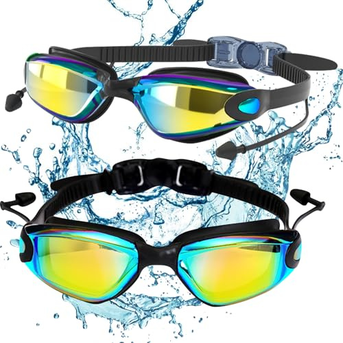 JSTHHTT 2 Pack Swimming Goggles, Swim Goggles, Quick Adjustable Swim Goggles, Anti-fog, Anti-leak, UV Protection, Enhanced Fit, Clear Vision for Adult Women Men, Swimming Ear Plugs Adults