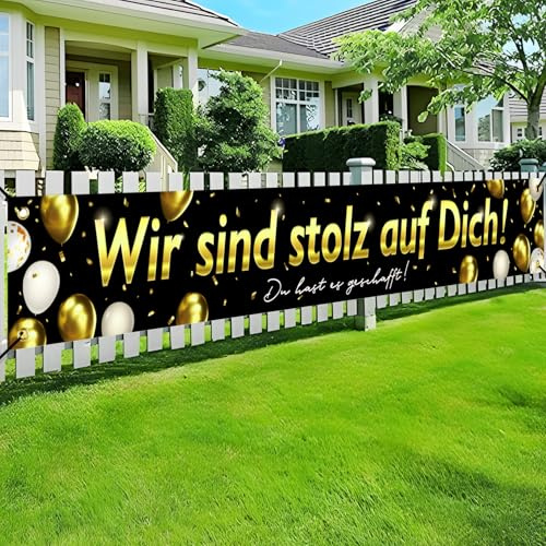 MEJOSER Bachelor Deko Graduation Deko Wir sind stolz auf Dich Banner 270x40cm Abschluss Abitur Abi Prüfung Bestanden Gratulation Schulabschluss Geschenke Deko Schwarz Gold für Garten Draußen Wand