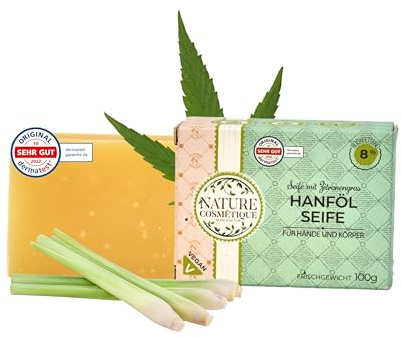 Nature Cosmétique® Feste Seife Hanföl-Zitronengras – für Hände & Körper – Handgemachte Naturseife – Feuchtigkeitsspendend & Hautpflegend – Vegan, Palmölfrei – Made in Germany