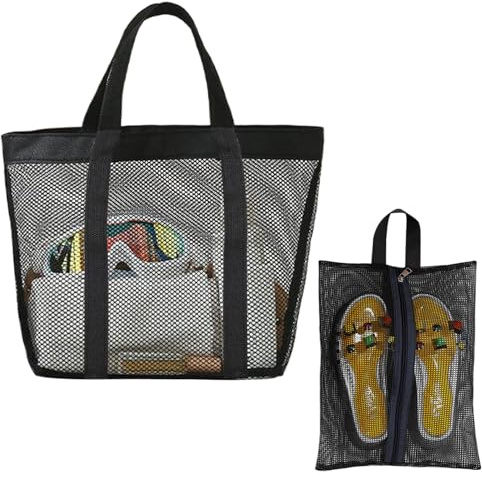 Borsa da Spiaggia Grande in Rete, Borsa Mare Pieghevole Leggera, Borsa Da Spiaggia In Rete con Cerniera e Sacca Porta Scarpe, Piscina Viaggi Palestra Shopping Vacanza