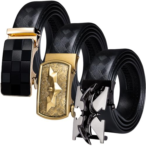 Barry.Wang Ratchet Belt for Men 3 Buckles Gift Set Leather Belts Bat Gold Buckle 1 3/8 Slide Adjustable Golf Belt Wedding Party