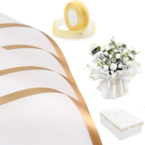 Papel Para Ramos De Flores,Papel para Ramos de Flores 20 Hojas, Papel de Envoltura para Ramos y borde dorado,para Manualidades DIY Bodas Cumpleaños Regalo