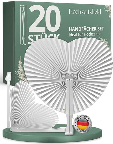 HOCHZEITSHELD Fächer Hochzeit 20 Stück - Weiße Handfächer für Erfrischung der Gäste - Papierfächer als Hochzeitsdeko & Standesamt Deko, Fächer Herz als Deko Hochzeit & Hochzeitsgeschenke für Brautpaar