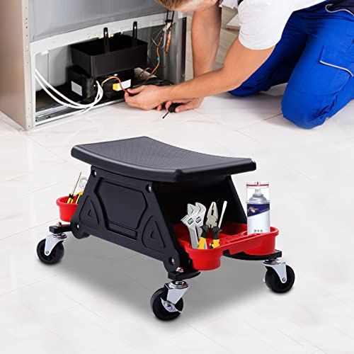 Taburete de taller con ruedas, taburete de trabajo, silla de taller, con dos compartimentos de almacenamiento, asiento de taller para trabajos de bricolaje y reparaciones mecánicas, capacidad de carga