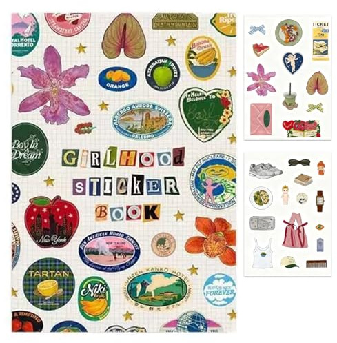 Libro de Pegatinas Girlhood, Íconos Frutales y Letras Pastel con Entradas de Colores Variados, más de 1000 Pegatinas de Estética Retro, Decoración para Manualidades y Diario Personal