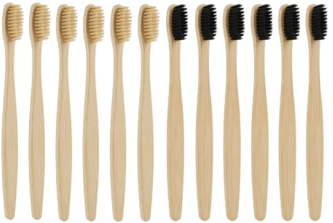 Cepillo de dientes de bambú Lote de 12 piezas 6 negras 6 blancas, cerdas flexibles BPA-Free carbón activado, ecológico adulto