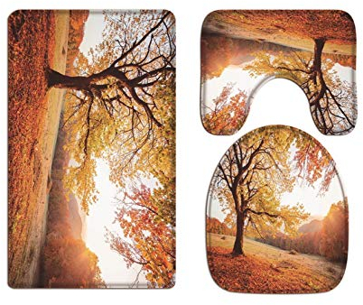 A.Monamour Badezimmer Badematte 3 Teilig Set Orange Buche Baum Auf Einem Hügel Gefallen Gelb Blätter Herbst Saison Natur Landschaft Flanell Saugfähig Badteppiche Badvorleger Badgarnitur WC Vorleger
