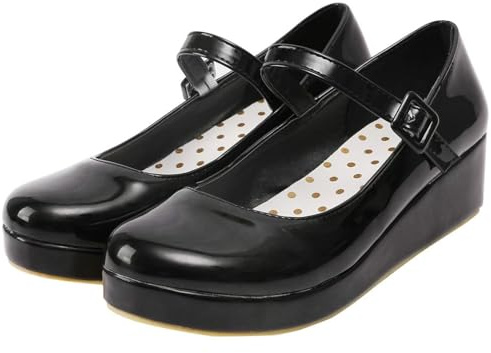 Parisuit Womens Mary Jane Wedge Platform Shoes Patent Leather Ankle Strap Pumps Sweet Shoes-Black Size 6