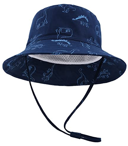 SEYUFN Bob Chapeau de Soleil Bébé Garçon Chapeaux de Seau à Bord Large Bébé Fille Chapeau de Coton Réglable UV Protection Chapeaux d'été pour Enfants (3-6 Mois, Bleu Royal Dinosaure)