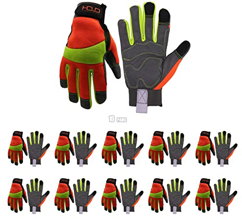HANDLANDY Hi-vis Reflective Work Gloves Bulk, Pack of 10 Pairs Touch Screen Anti Vibration Safety Working Gloves (Medium)