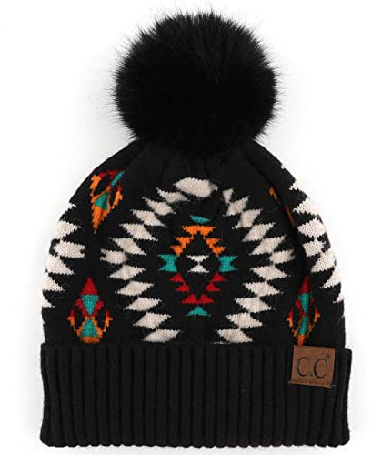 C.C Fur Pom Winter Fall Trendy Chunky Stretchy Cable Knit Beanie Hat (Aztec Black)