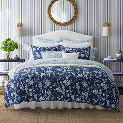 Laura Ashley- Queen Duvet Cover Set, Reversible Cotton Bedding Set, Includes Matching Sham(s) with Bonus Euro Sham(s) & Throw Pillow Covers (Branch Toile Blue, Queen)