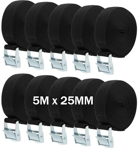 HAKZEON 10 Pack 5m x 25mm Tie Down Lashing Straps, Adjustable Heavy Duty Tensioning Belts Lashing Straps, Cam Buckle Pull Tie Down Strap for Bicycle Carrier Cargo Trailer Car Luggage, Black