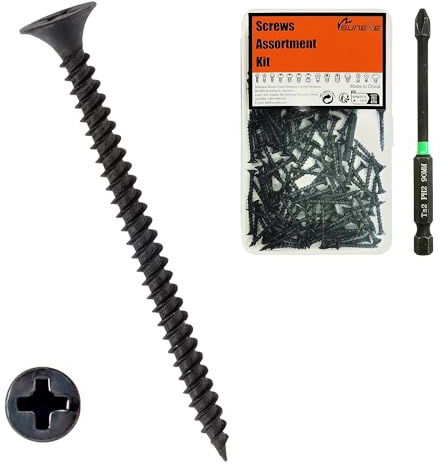 Suneke Lot de 100 vis pour cloison sèche M3,5 mm x 60 mm - Haute dureté - Phosphate noir - Filetage fin - Tête plate - Vis à bois avec boîte de rangement et 1 embout long PH2#2