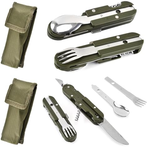 Aoreun Outdoor Bundeswehr Besteck, 2 Stück Edelstahl Campingbesteck Essbesteck Set,6 in 1 Outdoor Campingbesteck Set mit Oxford Tasche,Camping Besteckset,Multifunktions Campingbesteck, Silber grün