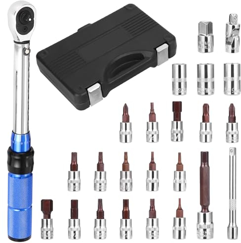 Clé Dynamométrique 1/4 Moto&vélo Clé Dynamométrique 2-24N.m,Précision d'erreur ±3%, Avec Adaptateur 1/4 à 3/8, Jeu De 25 Pièces