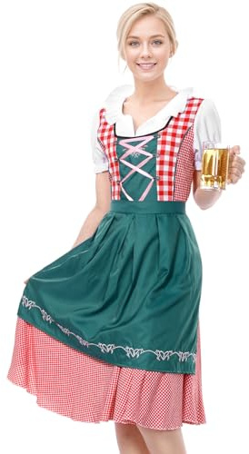 Angenster Dirndl Costume Oktoberfest - Mode Traditionnelle à Carreaux - Robe Avec Tablier Pour Femme - Bleu