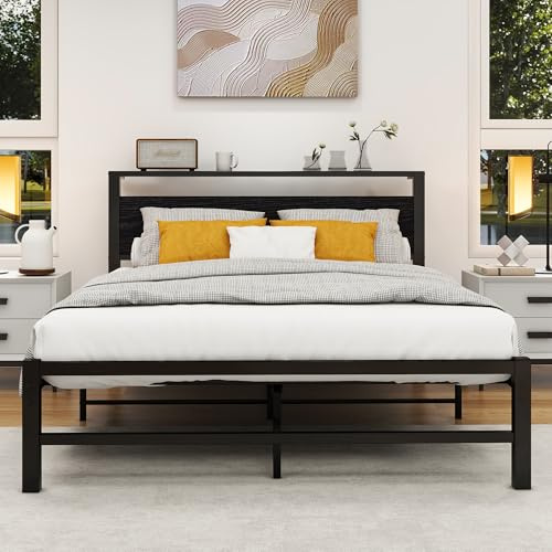 VERFARM Telaio per letto in metallo, con testiera in legno, struttura per letto con rete a doghe, per camera da letto, camera degli ospiti, facile da montare, senza rumore, nero, 120 x 200 cm