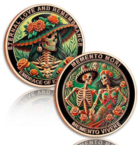 Mexican Women and Men Memento Mori Coin Mexican Style Skull Coin 3D Skull Cion Cool Stoic Coins Day of the Dead Challenge Coin EDC Medallion Reminder Token Daily Stoic Gifts For Men Women