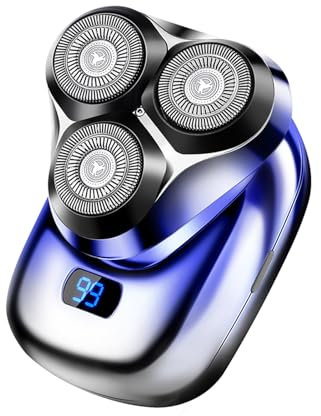 Mini rasoir électrique portable pour homme - Rasoir électrique sans fil USB - 3D rotatif - 3 têtes de rasage - Tondeuse à barbe - Rasoir rotatif LED - Nettoyage en profondeur - Bleu