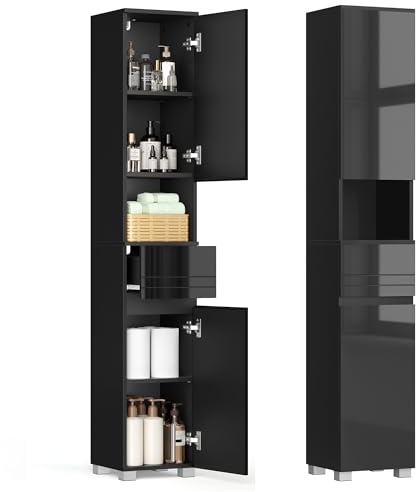 VASAGLE Tall Bathroom Cabinet, Slim Storage Cabinet, Narrow Cupboard, Bathroom Storage Unit, with a Drawer, Adjustable Shelves, 30 x 30 x 170 cm, Ink Black BBC560B01