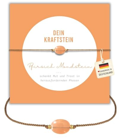 happymaker - Pfirsich Mondstein Armband Damen, Edelstein Armband mit 18k vergoldeten Perlen und echten Mondstein, Geschenkverpackung, Kraftgeber Geschenk Frauen, handgefertigt in Deutschland
