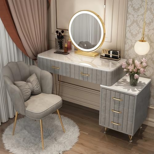 VTELGT Dressing Table with Mirror and Chair, Velvet Vanity Desk with Marble Rock Tabletop and 5 Drawers, Left/Right Adjustable Storage Cabinet, Gold Plated Metal Leg,Grey