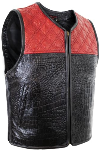 MDM Veste Moto Homme En Cuir Véritable Noir Et Rouge - Gilet Cuir Homme Effet Crocodile - Gilet Sans Manches Matelassé Avec Zips Latéraux, 4 Poches Et Dos Pour Patchs
