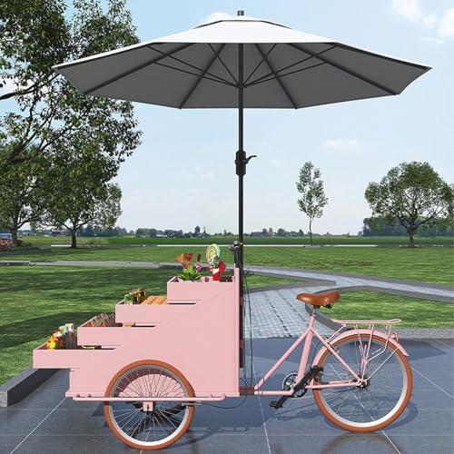 Triciclo móvil para camión de comida con cajones retráctiles y paraguas, carrito de venta al aire libre para comida callejera, camping, festivales, carrito flotante versátil para una fácil movilidad
