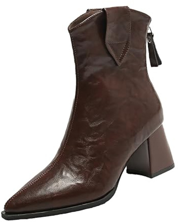 Maskjuwio Stivali in pelle da donna eleganti con tacco | Stivaletti Chelsea da donna | comodi stivali da equitazione imbottiti caldi | Vintage Western Stivali corti da donna outdoor leggeri, marrone