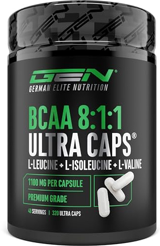 BCAA Ultra Caps 320 cápsulas - 1100 mg por Cápsula - Extra Alta Dosis y Puro - Relación 8:1:1 - L-Leucina, L-Isoleucina, L-Valina - Aminoácidos Esenciales