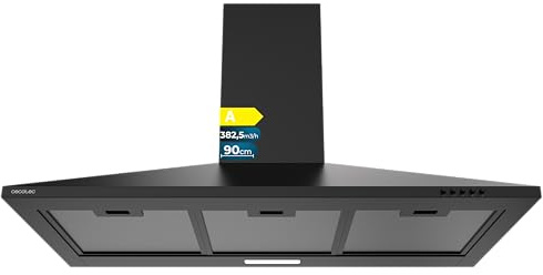 Cecotec Campana Extractora Piramidal 90 cm Bolero Flux PM 904000 Black A. Acabado Pintado Negro, Succión 382,5 m³/h, 3 Velocidades, Filtros de Carbono Incluidos, Clase A, Motor BLDC y Luz LED