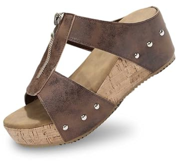 2026 Mujer Plataforma Cuña Zapatillas de Verano Moda Playa con Suela Antideslizante Diseño Temperamental, marrón, 37 EU
