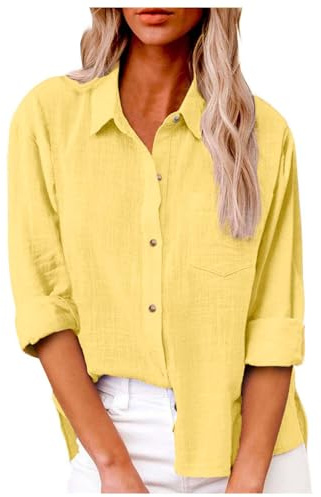 Luadnysin Chemisier Femme en Lin Mélangé, Blouse Ample et Élégante avec Col en V et Boutons, Décontracté Haut Respirant avec Poches,S-5XL
