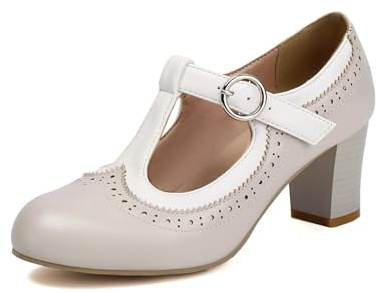Genéric Zapatos Mujer Punta Redonda Bicolor Tira T Brogue Tacón Bloque Oficina