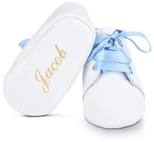 BabyShoe Personalized Baby Boy Christening Shoes – Baptism Leather Lace Up with Hand Embossed Name & Date – Special Occasion Newborn Church Shoes with Blue Ribbon