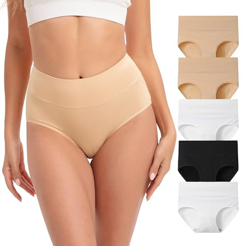INNERSY Ladies Underwear High Waisted Knickers Womens Full Briefs Pack of 5 | 100% Cotton Gusset, Full Coverage Pants, Fabric-wrapped Waistband, Stretchy Women's Panties, Tag-free, Postpartum & Everyday