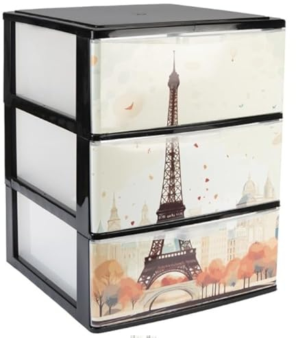 TODO HOGAR - Cajonera Apilable Plastico - Modelo Iris - (380 x370 x473 mm Modelo de 3 Cajones con Decorado Paris
