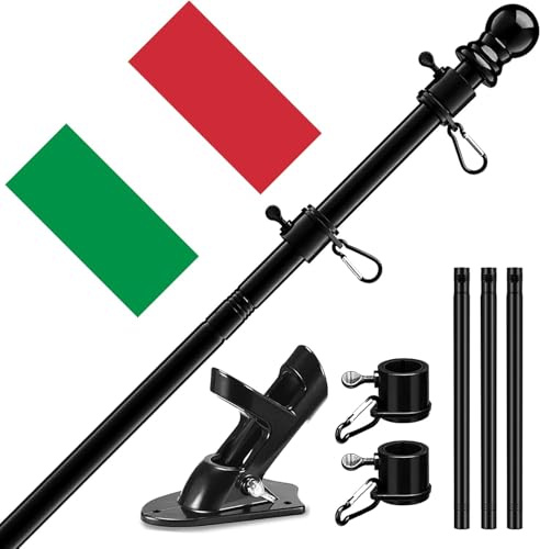 Asta per bandiera nera in alluminio argento con supporto per bandiera da 150 cm, in acciaio inox, con supporto con anelli girevoli/con bandiera italiana da 150 x 90 cm
