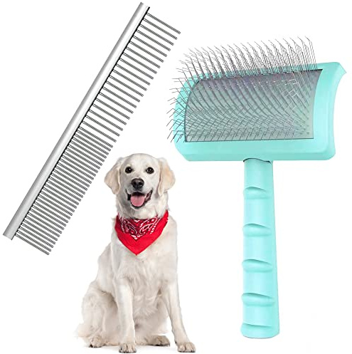 Neathoiho Large Slicker Brush & Green-comb Value Kit, Extra Long Pin Dog Grooming Brush for Curly Hair Goldendoodles, Removes Long and Loose Hair & Undercoat