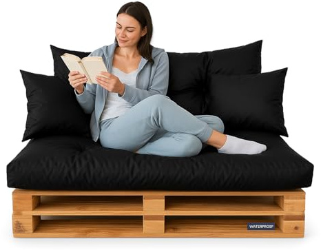 DECORESTOR Cojines para Palets Impermeables - Pack Completo Asiento 120x80, Respaldo 120x60 y 2 Cojines 40x40 - Sofá de Palets Exterior/Interior (Negro)
