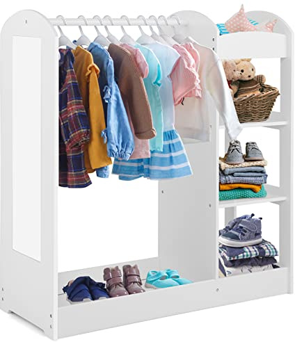 Costzon Kids Dress up Storage with Mirror, Clothes Rack, 3-Tier Shelves, Bottom Tray, Pretend Play Costume Dresser Organizer Center, Open Hanging Armoire Closet for Little Girls (White)