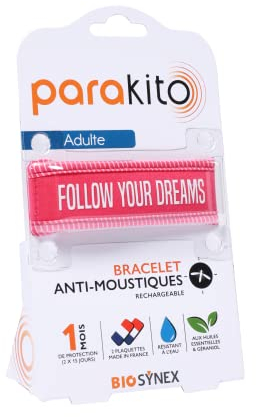 PARAKITO - Bracelet Anti-Moustiques Réutilisable - 2 Plaquettes Incluses aux Huiles Essentielles - 1 Mois de Protection - Sans DEET - Motif Follow Your Dreams Fushia - Taille Adulte
